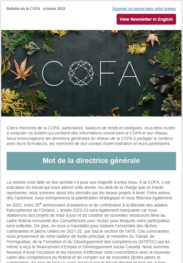 Bulletin de nouvelle de la COFA pour octobre 2022. Créer les conditions qui permettent aux adultes francophones d’acquérir les compétences essentielles.
